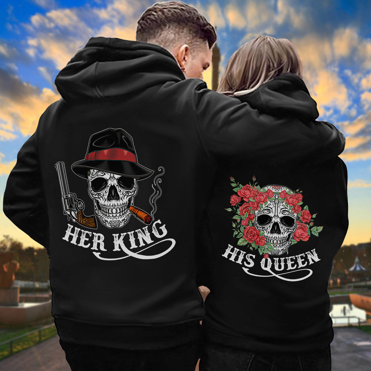 Gangster Skull Her King His Queen Gun Roses Couple Lover Matching Hoodie, Skull Couple Hoodie, Couple Hoodie, Husband Wife Hoodie, Skull Hoodie