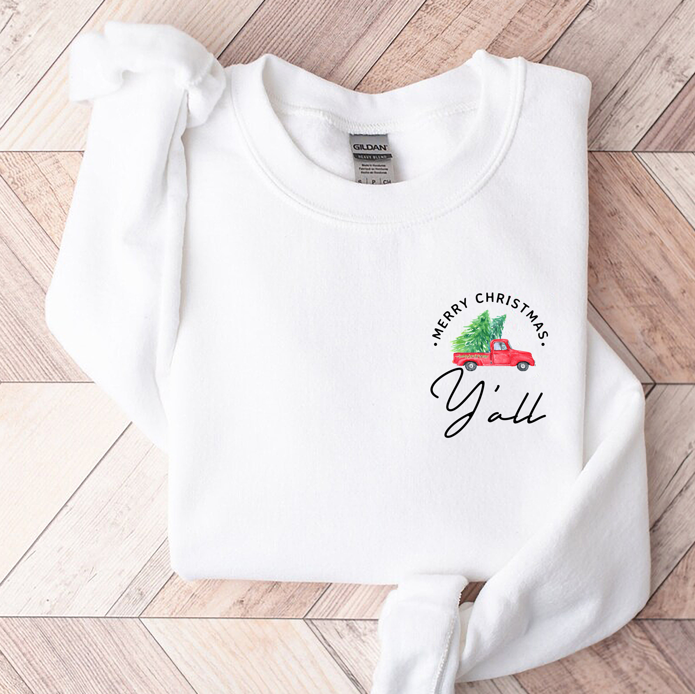 Merry Christmas Y’all Sweatshirt, Christmas Sweatshirt, Christmas truck Sweatshirt, minimal Christmas design, Sweater gift, Christmas Gift