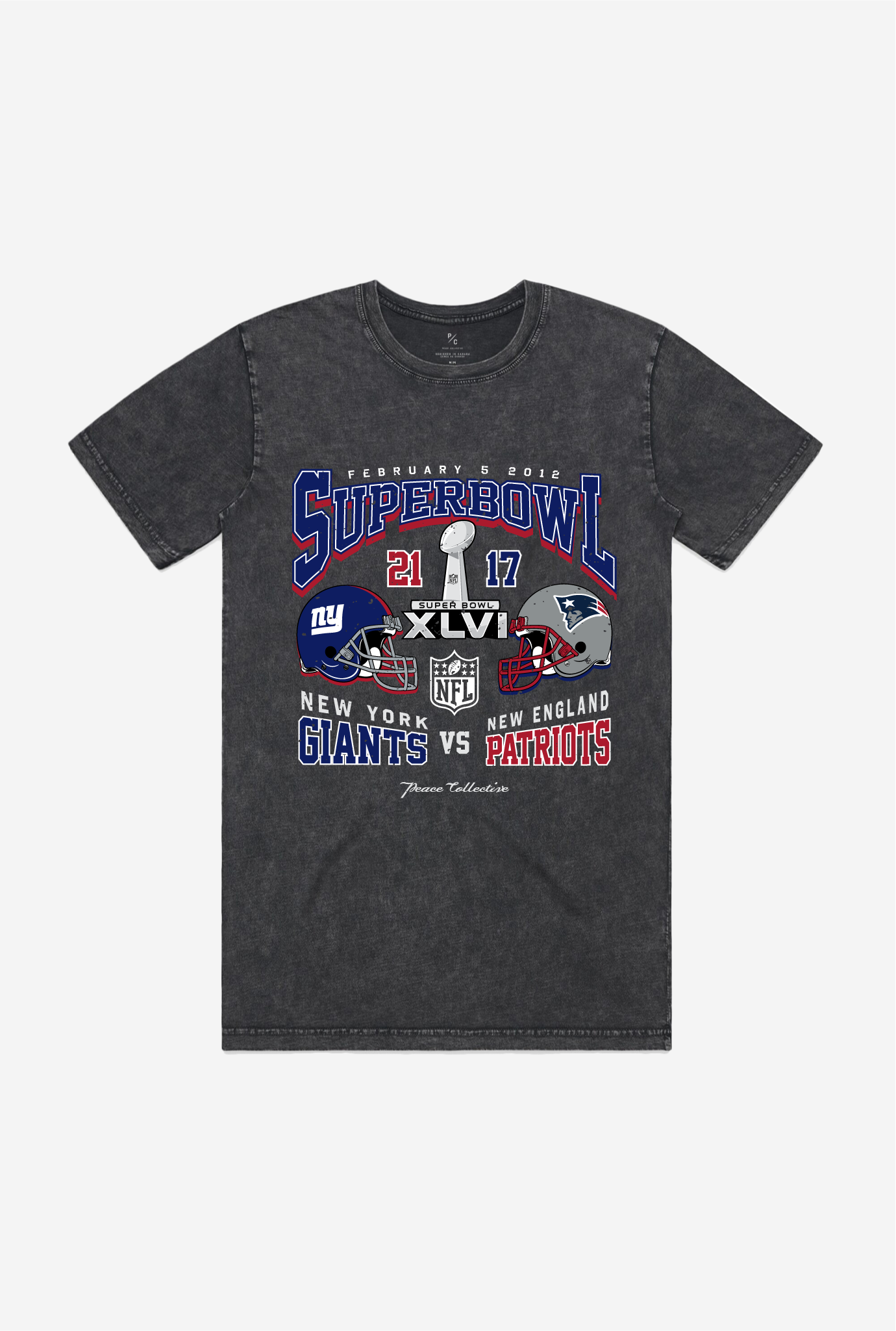 Super Bowl Xlvi: New York Giants Vs New England Patriots Stonewashed T-Shirt – Black