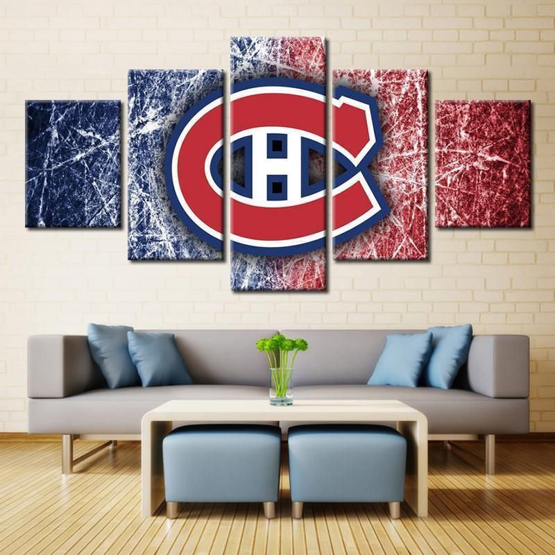 Montreal Canadiens Logo Ice Hockey 5 Panel Canvas Art Wall Decor