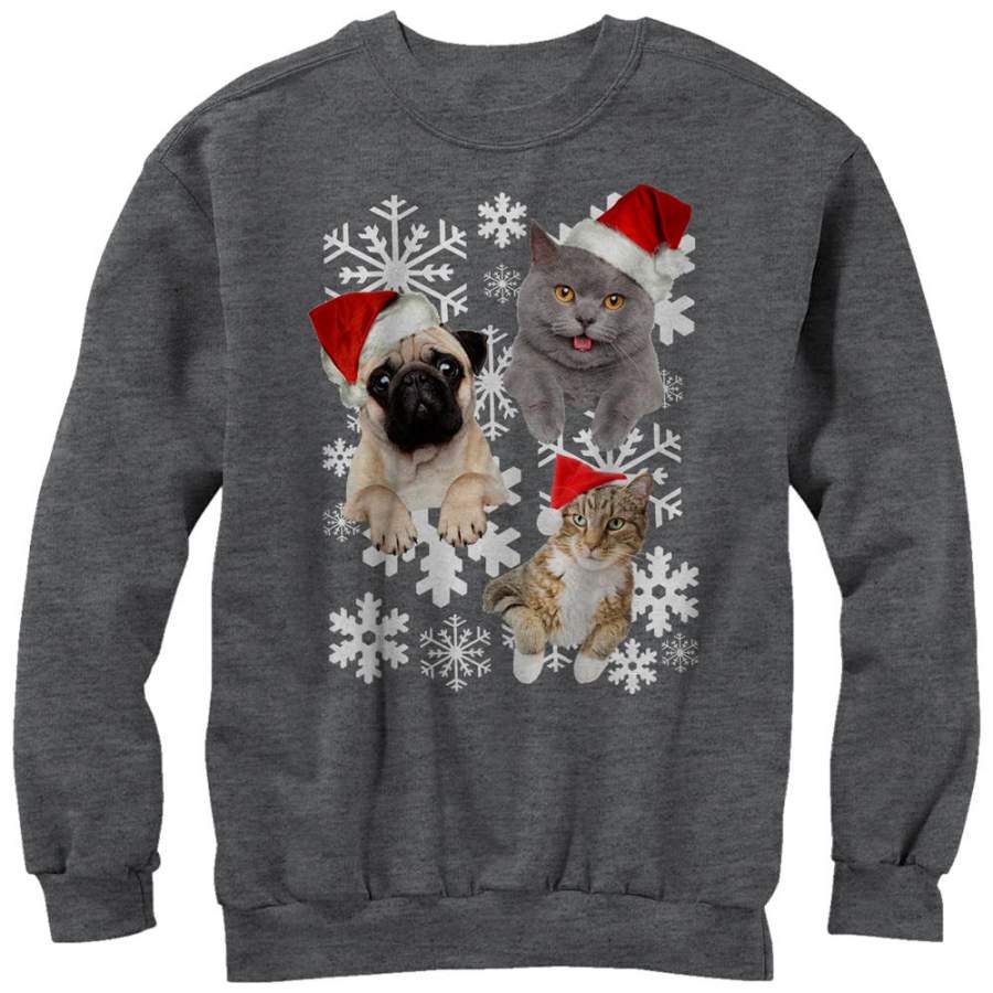 Lost Gods Men’s Ugly Christmas Cat Dog Snowflake  Sweatshirt Charcoal Heather