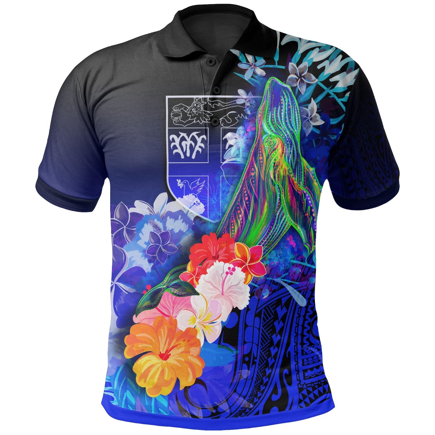 Fiji Polo Shirts – Humpback Whale With Tropical Flowers (Blue)