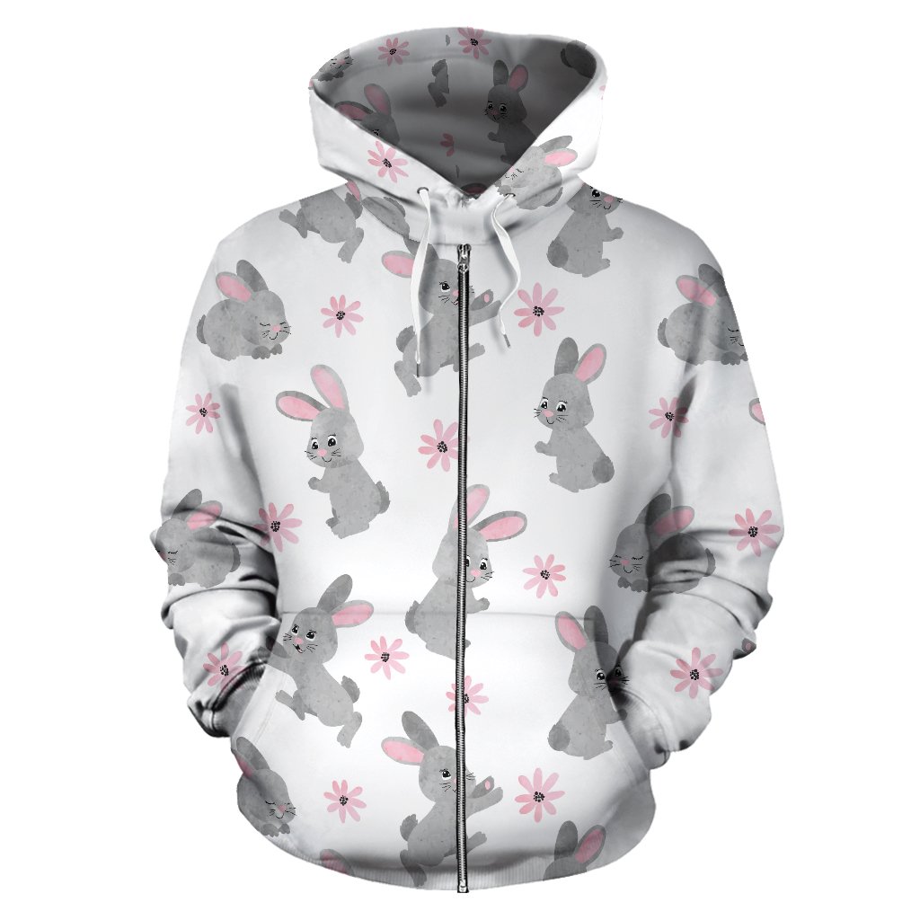 Watercolor Cute Rabbit Pattern Zip Up Hoodie