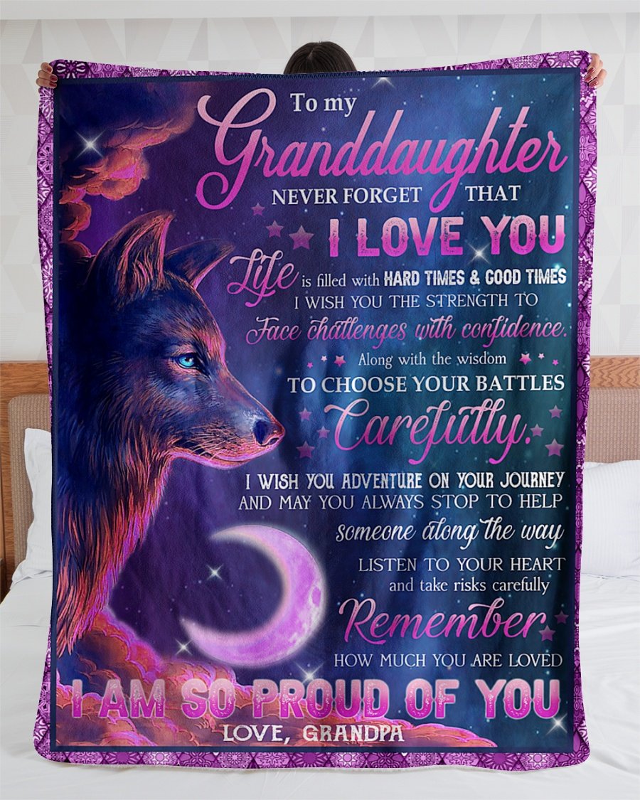 To My Granddaughter Fleece Blanket, Personalized Birthday Gift For Granddaughter From Grandpa Wolf Pink Blanket