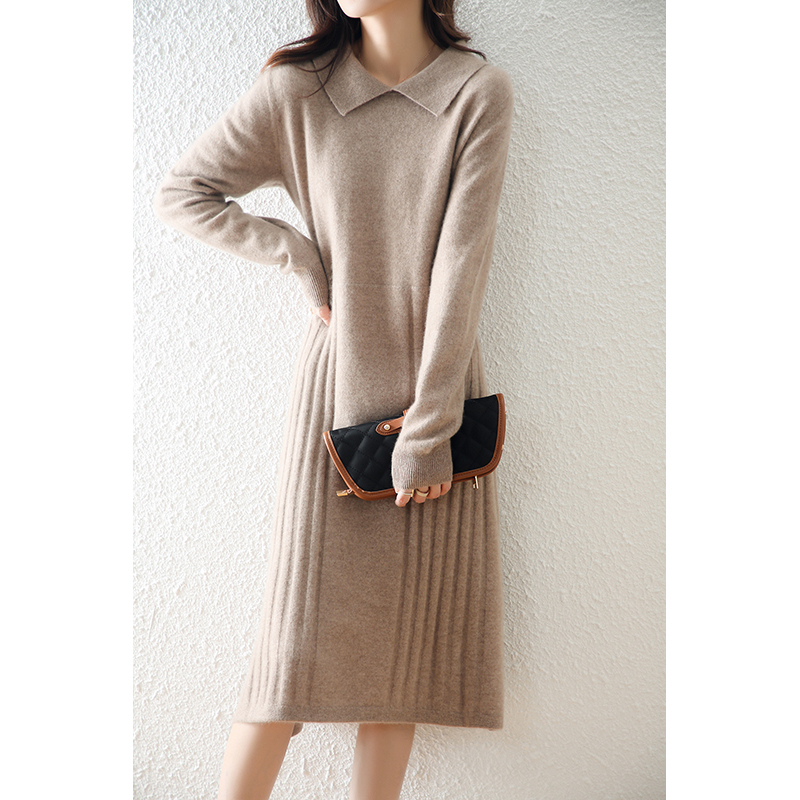 Autumn Winter 100% Wool Sweater Long Pullover Elegant Knit A-LINE Dress Women Polo Collar Loose Warm Casual Chic Dress Spring alx