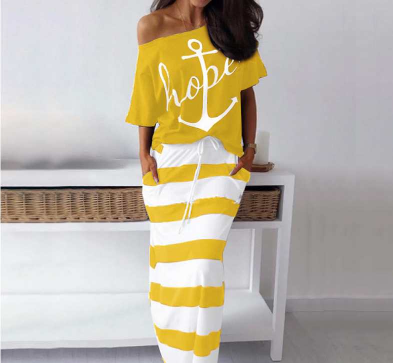 WEPBEL T-Shirt & Striped Maxi Skirt Women Two Piece Outfits Fashion Off Shoulder Two Pieces Sets Tops and Skirts alx