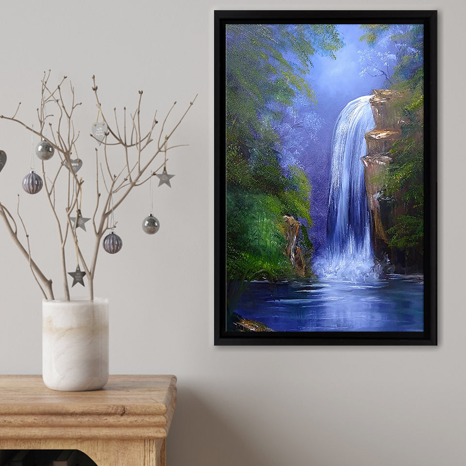 Waterfall In The Jungle On Floral Framed Canvas Print – Canvas Painting, Canvas Art, Wall Art, Wall Decor