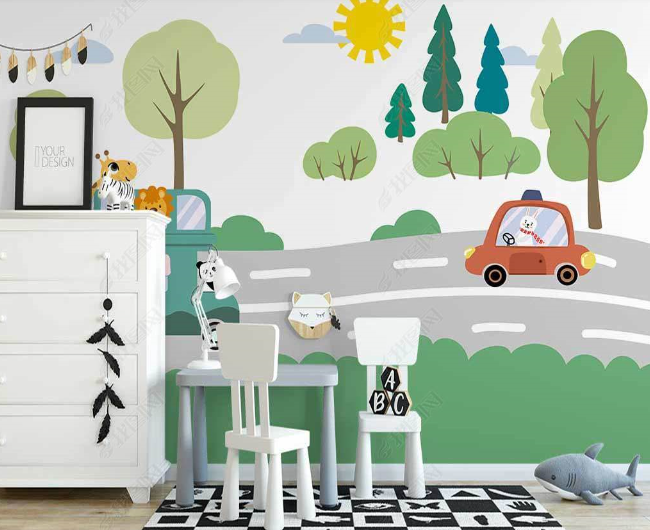 3D Northern Europe Hand-Painted Animal Highway Car Wall Mural Wallpaper Sww2617