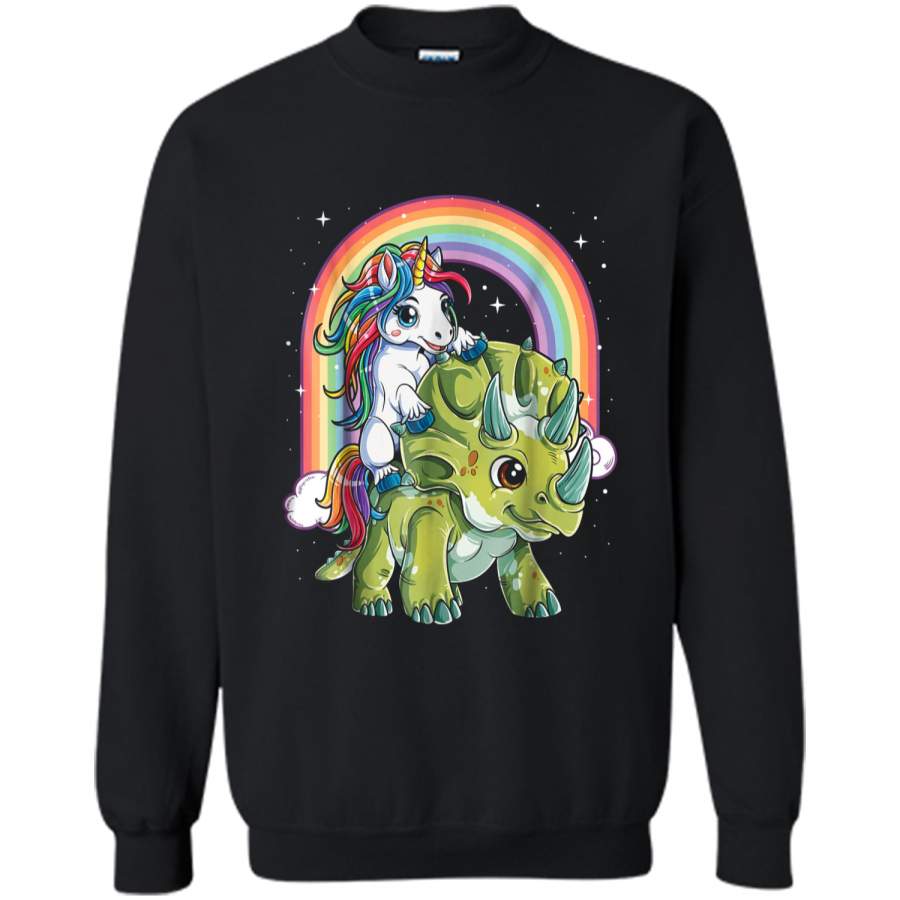 Unicorn Riding Dinosaur Triceratops Party Rainbow Printed Crewneck Pullover Sweatshirt