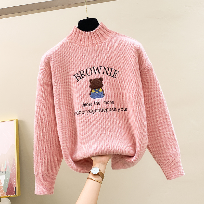 Cute Grey Letter Bear Printing Pullover Sweater Female Loose O-Neck Long-sleeved Knitted Tops Women Autumn and Winter 2023 New alx