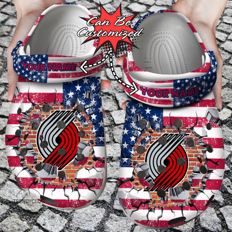 Basketball Personalized PTrail Blazers American Flag Breaking Wall Clog Shoes