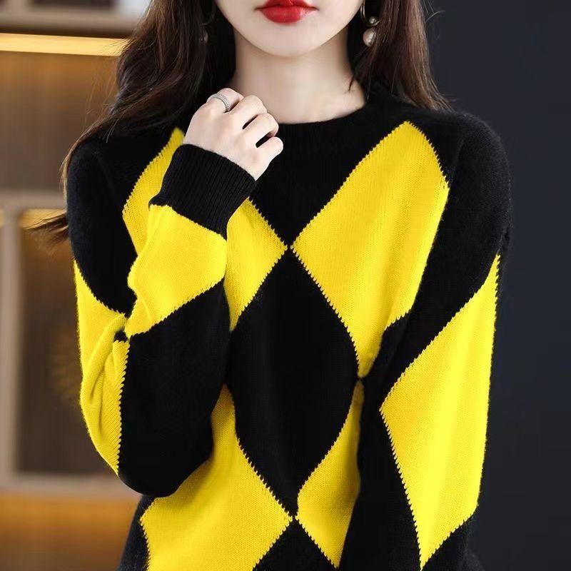 Autumn Winter O Neck Diamond Patchwork Casual Fashion Sweater Women All-match Loose Knitting Jumper Outwear Ladies Pullover Top alx