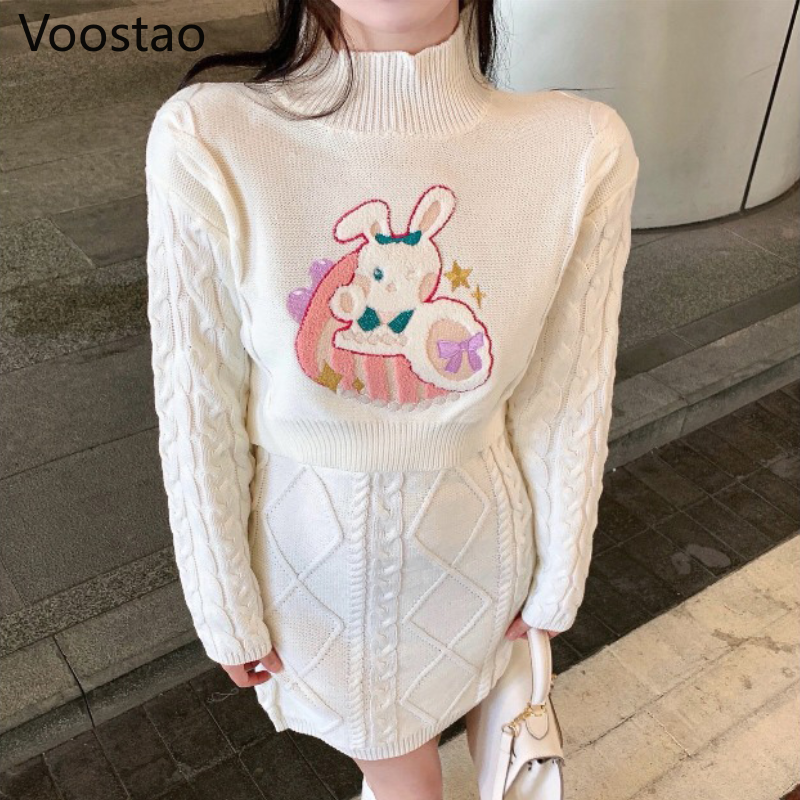 Women Sets Knitted O-Neck Long Sleeve Cute Crop Tops Kawaii Bunny Embroidery Sweaters Mini Knit Twist Skirts Female Harajuku Set alx