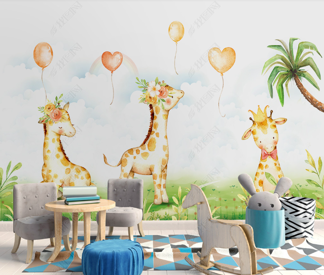 3D Cartoon Animal Giraffe Coconut Tree Wall Mural Wallpaper Lqh 18