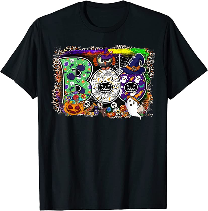 Boo Halloween Ghost Owl Pumpkin Witch Spider Candy Bleached T-Shirt