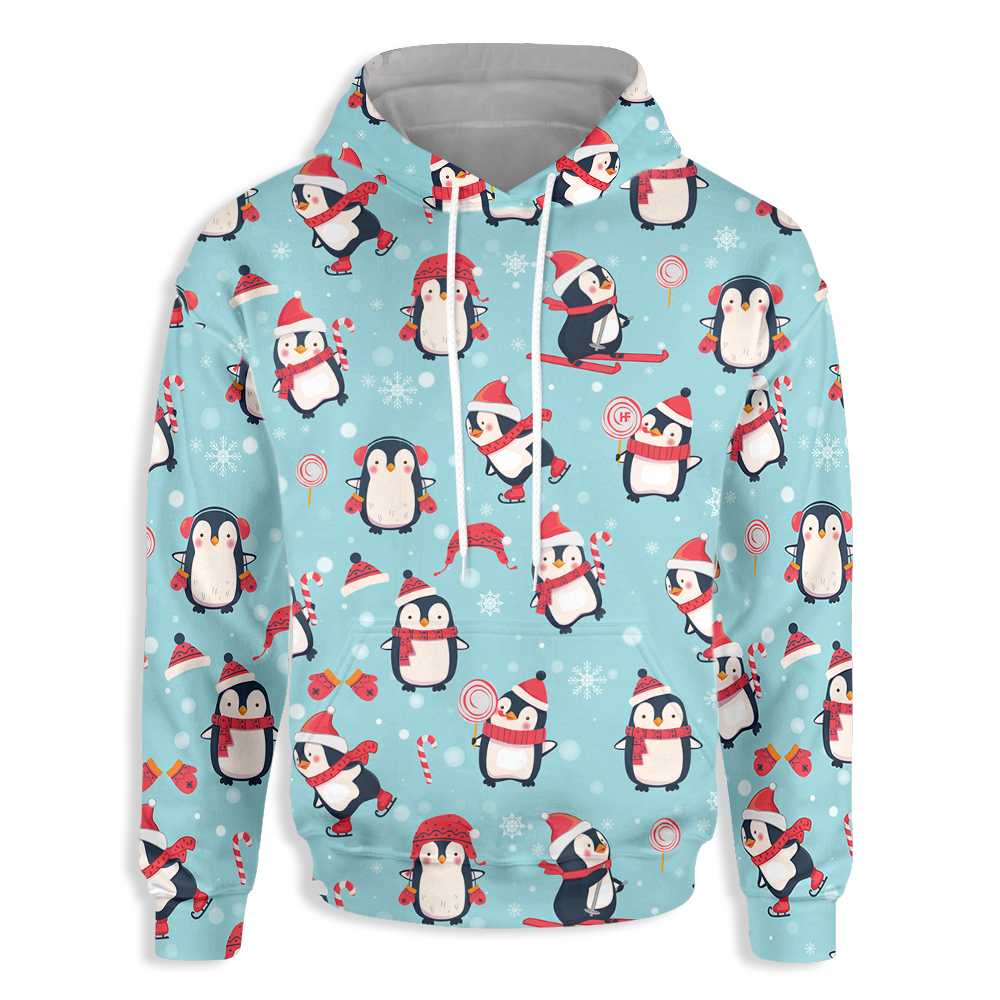 Cute Cartoon Penguin Christmas All Over Print Hoodie, Lolipop Ice Skate Penguin Hoodie Graphics