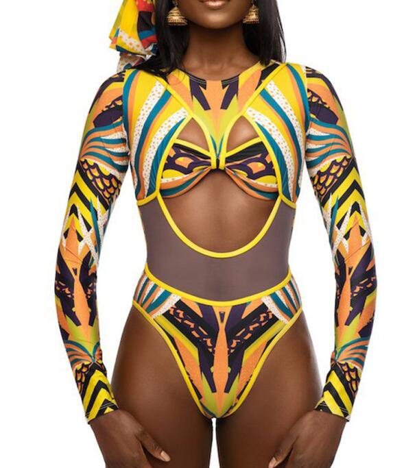 African Print One Piece Swimsuit Long Sleeve Swimwear Mesh Patchwork Thong Monokini Cut Out Ethnic