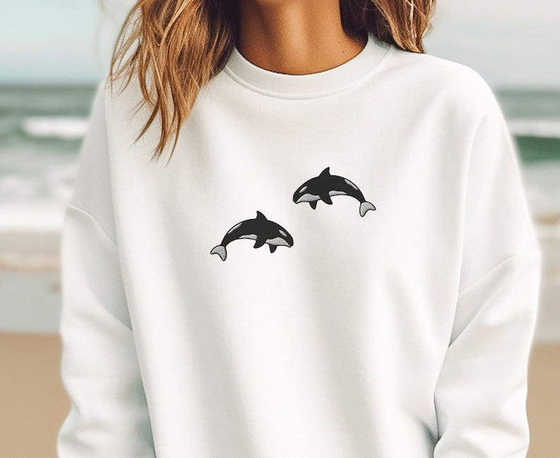 Orca Whale Embroidered Sweatshirt 2D Crewneck Sweatshirt All Over Print Sweatshirt For Women Sweatshirt For Men Sws3144