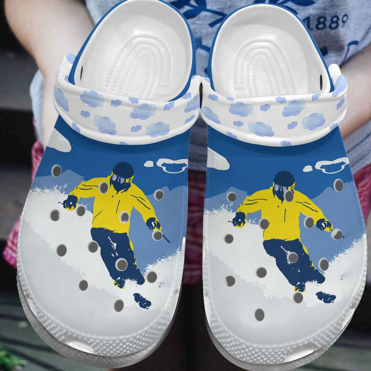 Skiing Personalized Clog, Custom Name, Text, Color, Number Fashion Style For Women, Men, Kid, Print 3D Blue Sky