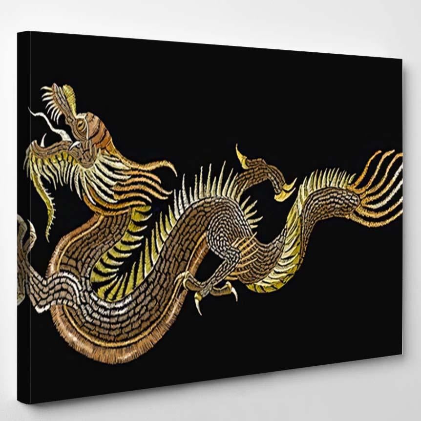 Classical Embroidery Asian Golden Dragons Tshirt – Dragon Animals Canvas Print