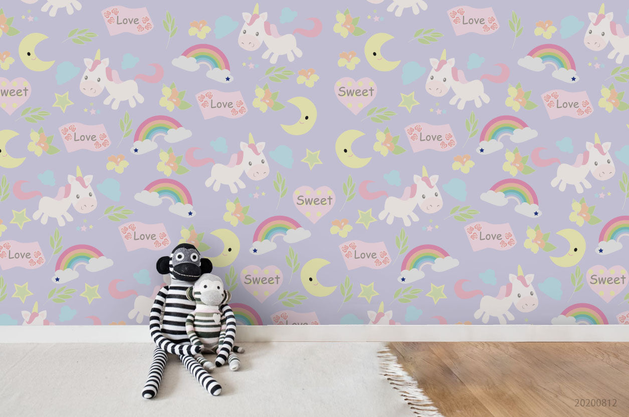 3D Cartoon Colorful Rainbow Unicorn Wall Mural Wallpaper Lxl 1110