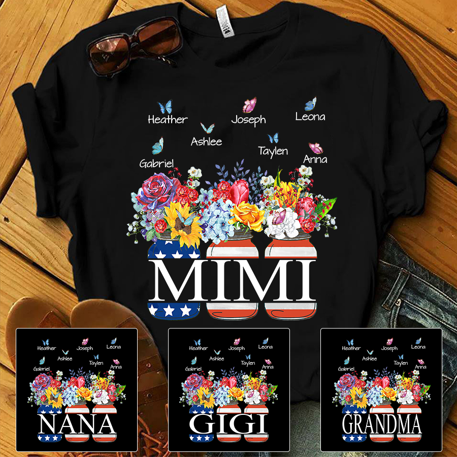 Grandma Shirt , Flower Vase flag american Shirt, Gift For Women, Gift For Mom, Personalized with grandkids names