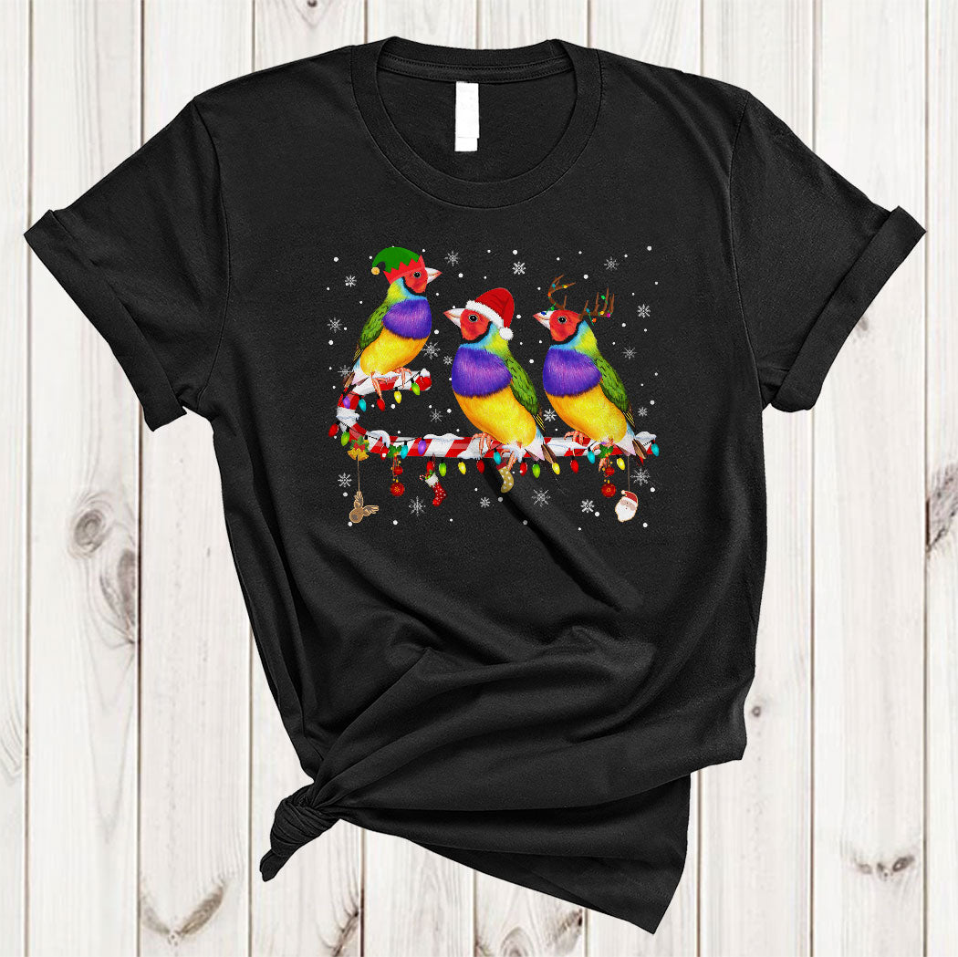 Santa Elf Reindeer Finch On Candy Cane Funny Christmas Xmas Lights Bird Lover Gifts T-Shirt