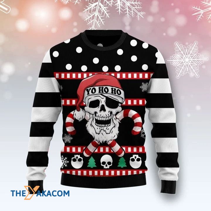 Black And White Skull With Candy Cane Yo Ho Ho Gift For Christmas Ugly Christmas Sweater