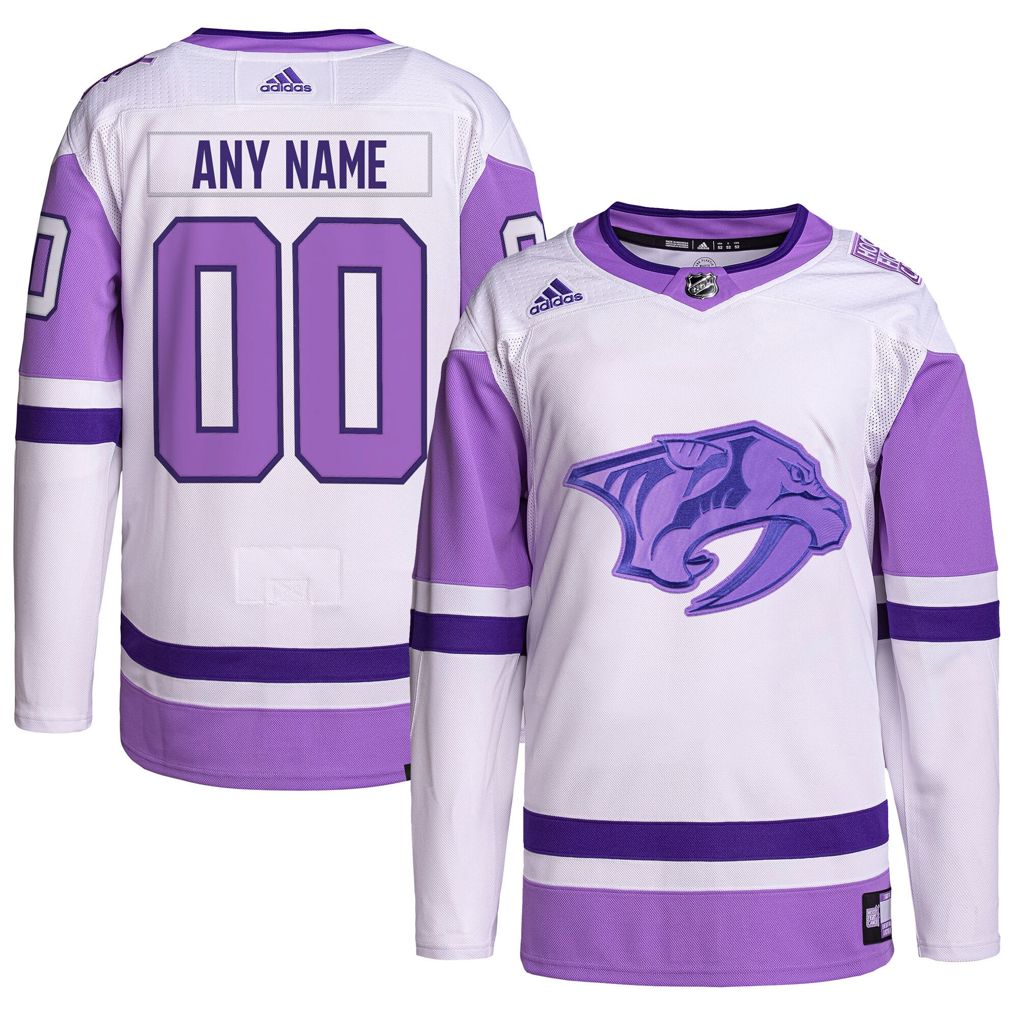 Men's Nashville Predators adidas White/Purple Hockey Fights Cancer Primegreen Authentic Custom Jersey