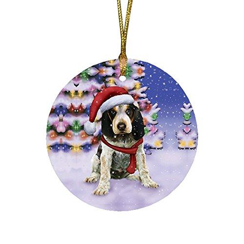 Winterland Wonderland Bluetick Coonhound Puppy Dog In Christmas Holiday Scenic Background Round Ornament