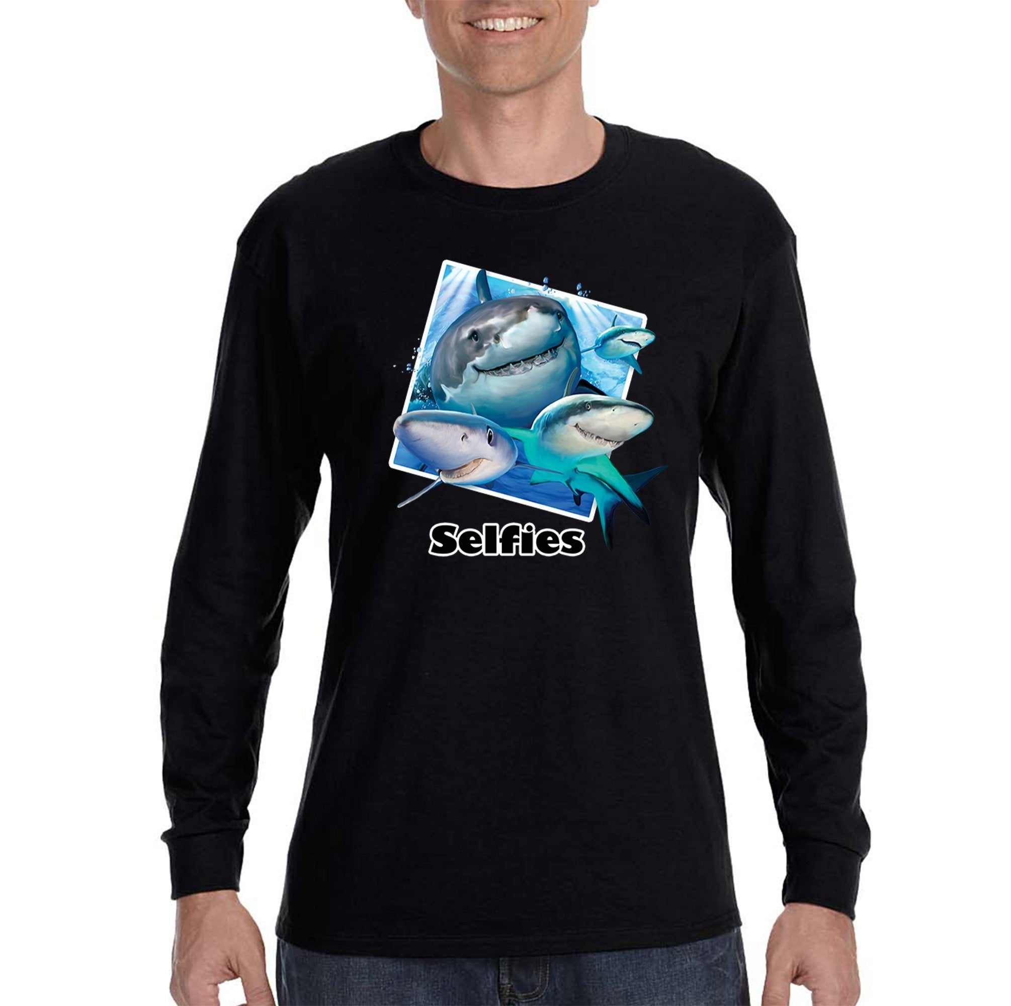 Xtrafly Apparel Men’S Shark Selfies Great White Tiger Hammer Head Mako Blue Fish Fishing Ocean Sea Swimming Fisherman Long Sleeve T-Shirt