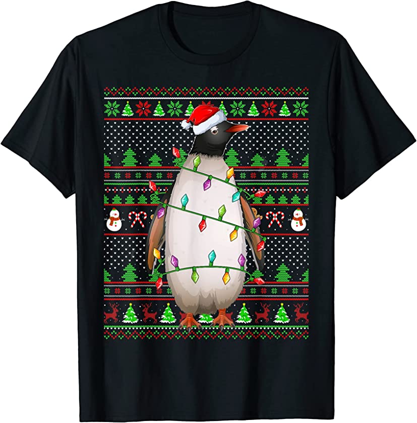 Ugly Xmas Sweater Style Lighting Penguin Bird Christmas T-Shirt