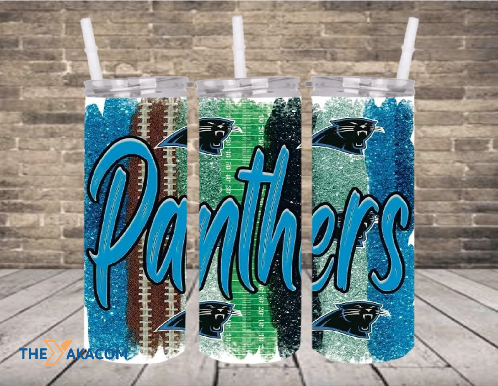 Blue And Green Bling Glitter Stripes With Green Stadium Carolina Panthers Tumbler