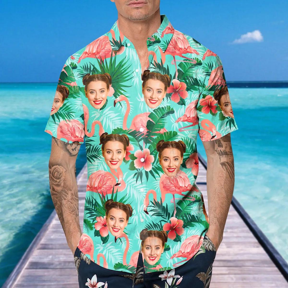 Flamingo Pattern Personalized Hawaiian Shirt, Custom Hawaiian Shirts With Face