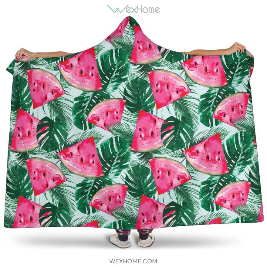 Watermelons Tropical Palm Leaves Pattern Hooded Blanket