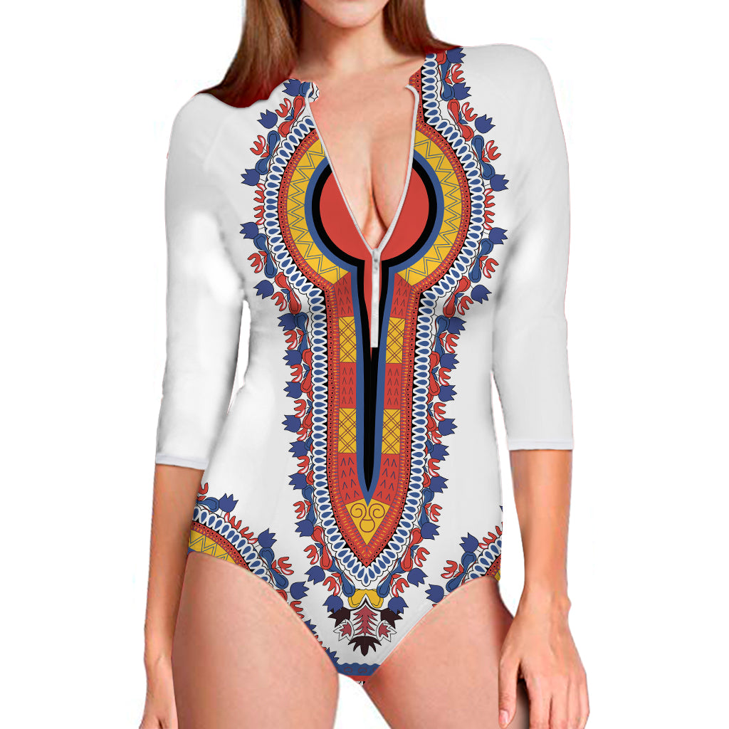 Red And White African Dashiki Print Long Sleeve One Piece Swimsuit