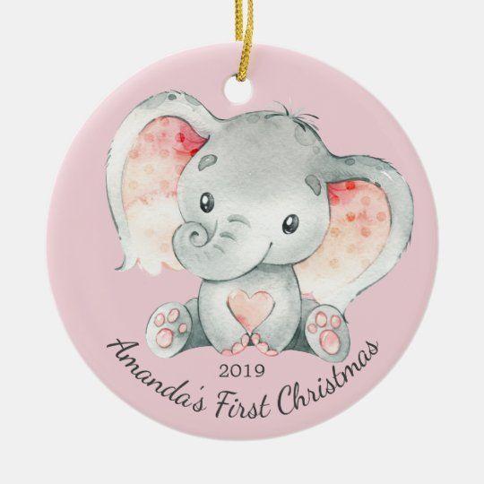 Personalized Ornament Cute Elephant Girls First Christmas Customized Ceramic Circle Ornament 1 – 2 Sided