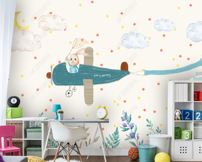 3D Hand-Painted Cartoon Airplane Rabbit Wall Wall Mural Wallpaper Sww4767