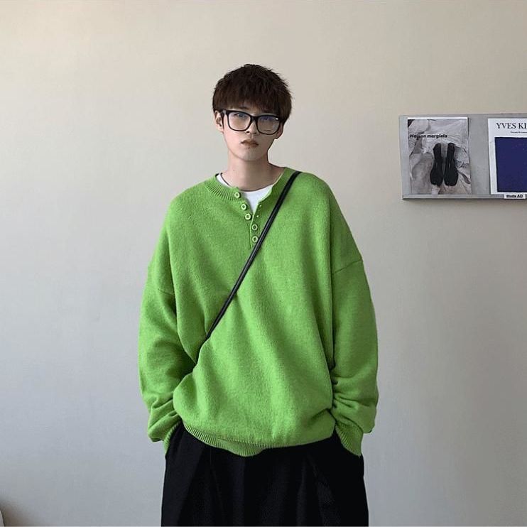 Winter New Solid Color Round Neck Pullover Green Sweater Men Korean Clothes Loose Casual Button Knitted Sweater Bottoming Shirt alx