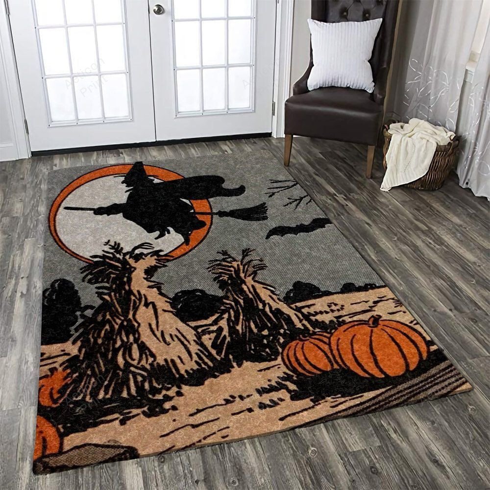 Halloween Witch With Broom Night Pumpkin Party Area Rug Carpet Vintage Home Decor Gift Idea Carpet