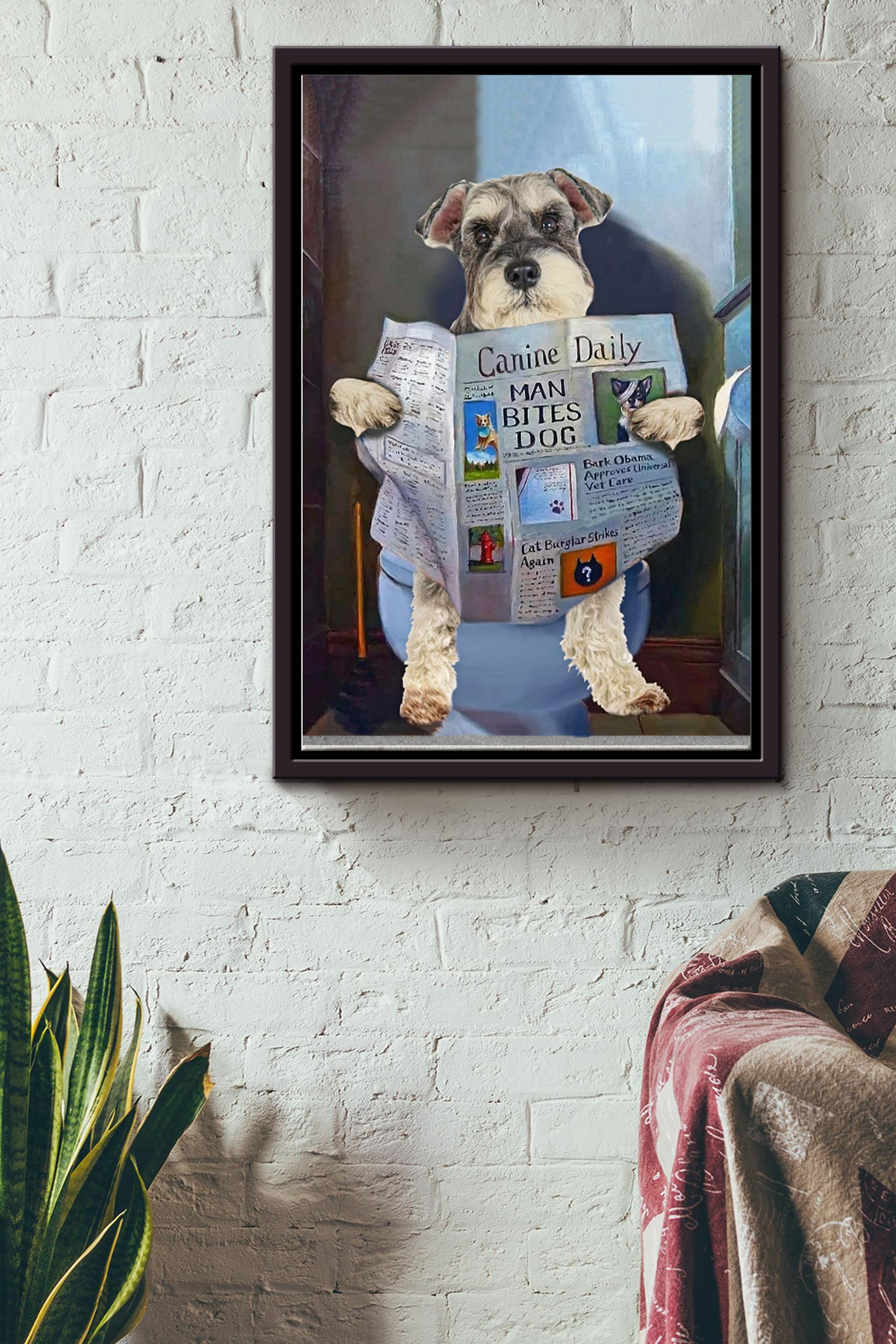 Canine Daily Man Bites Dog Poster – Animals Wall Art – Gift For Dog Lovers Puppy Fan Kids Baby Room Decor Bathroom Decor Framed Matte Canvas