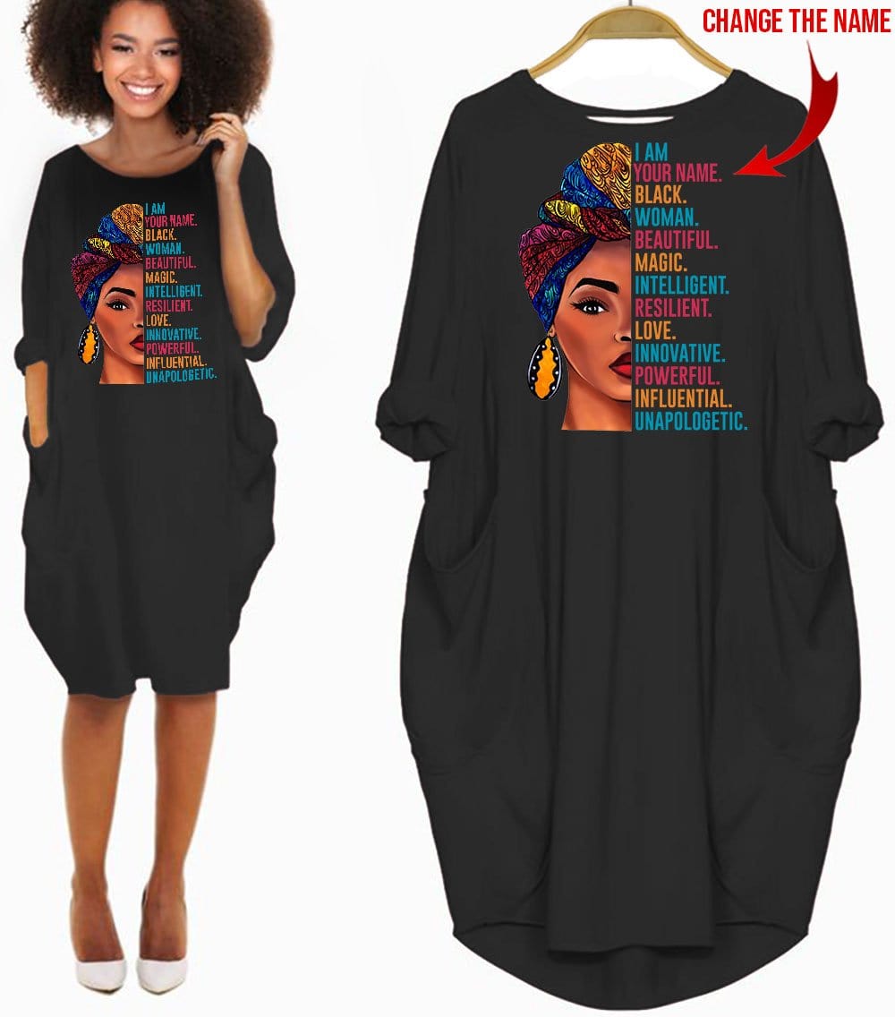 Personalized Name African American Dresses I Am Black Woman Beautiful Magic Long Sleeve Pocket Dress Trendy Afrocentric Clothing