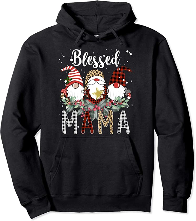 Tu Blessed Mama Christmas Leopard Buffalo Plaid Gnome Pullover Hoodie