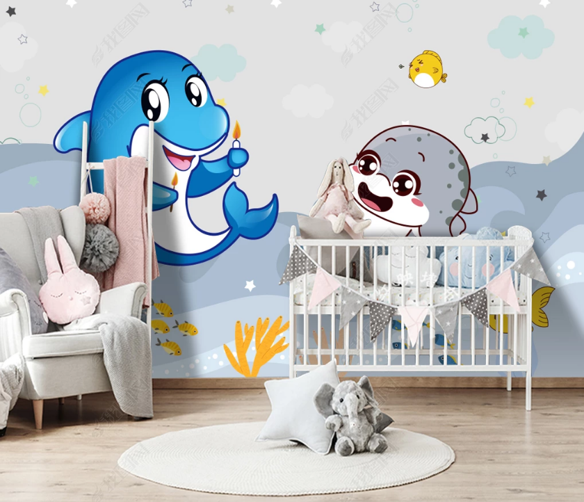 3D Cartoon Animal Dolphin Wall Mural Wallpaper Lqh 31