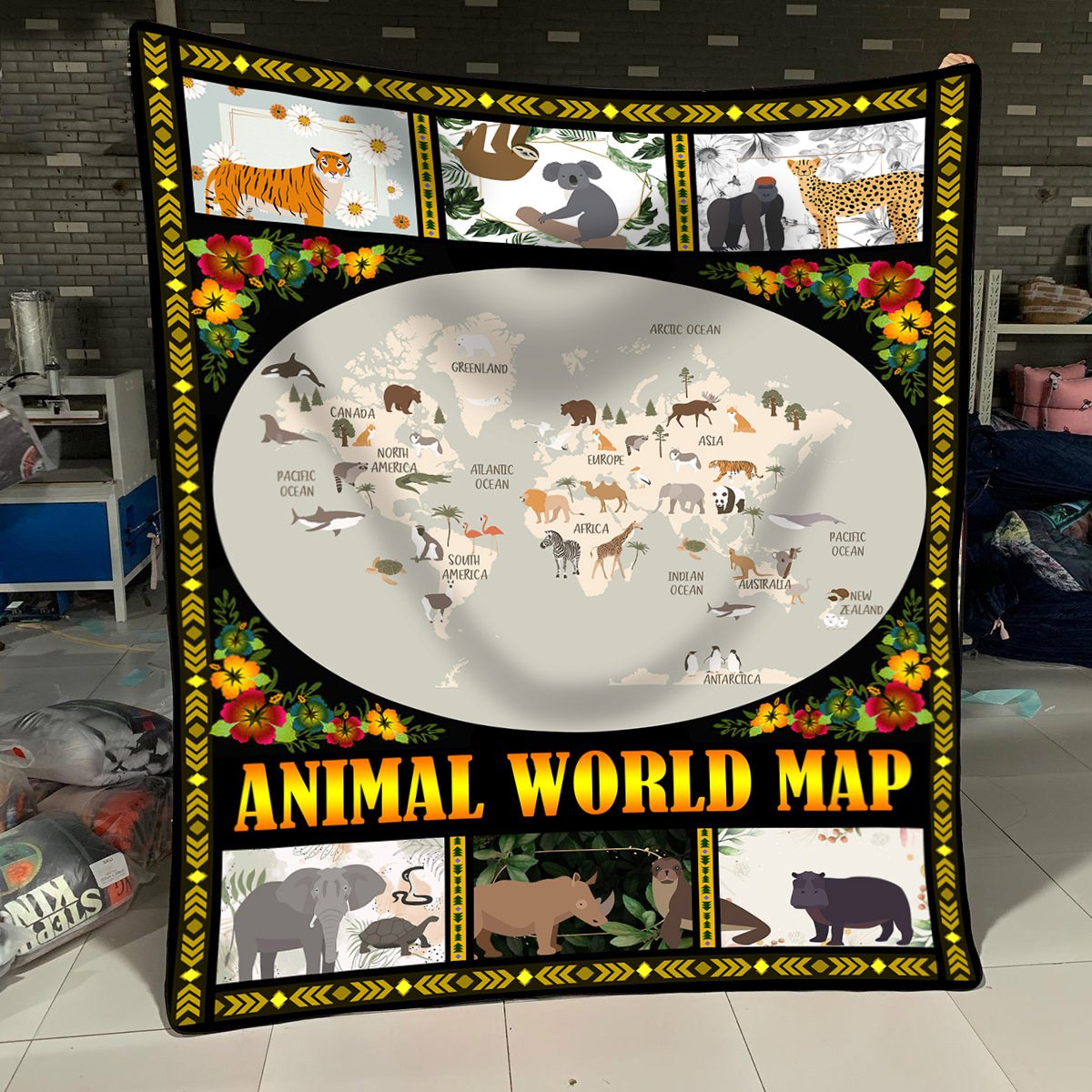 Animal World Map Fleece Blanket