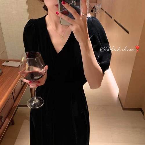 Velvet Black Midi Dresses for Women Korean Chic Autumn Hepburn V-neck Robe Slim Waist Slim Temperament Vestido De Mujer alx