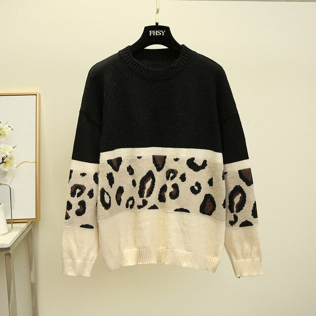 Pink Color Collision Leopard Print Sweater