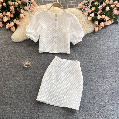 2022 Summer Fashion Elegant Sweet Chic Women Skirt Sets Puff Sleeve Thin Suit with Skirt Short Top High Waist Skirt 2 Piece Set alx