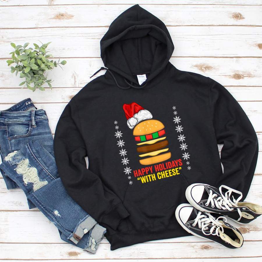 Hamburger happy holiday with cheese christmas santa hat happy holiday black hoodie for men and women S-5XL