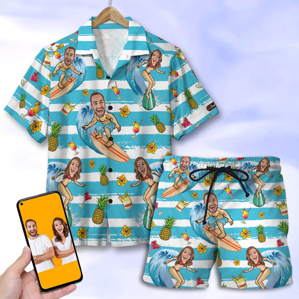 Custom Surfing Couple Hawaii Shirt And Men Beach Shorts Laughing Ha58328